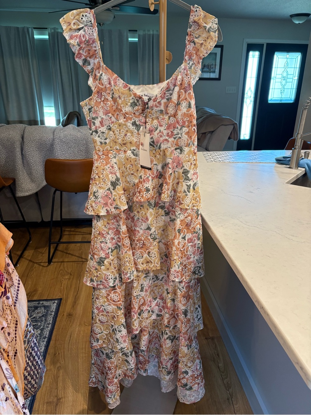 En Saison Floral Tiered Ruffle Maxi Dress in Pastel Pink, Yellow, Cream NWT Sz S